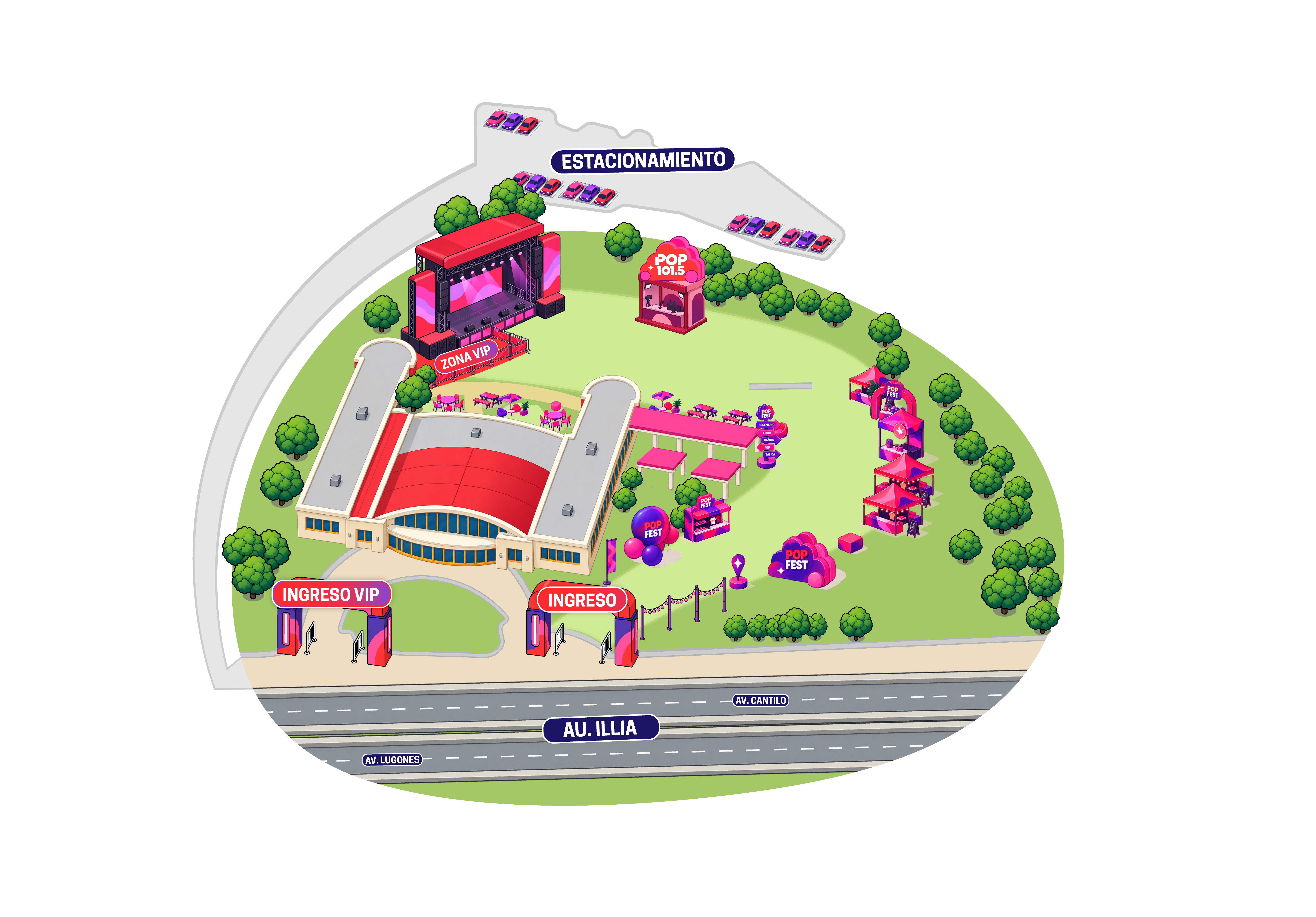 Mapa de POP FEST en Parque Norte: escenario, zona VIP, ingresos y estacionamiento.