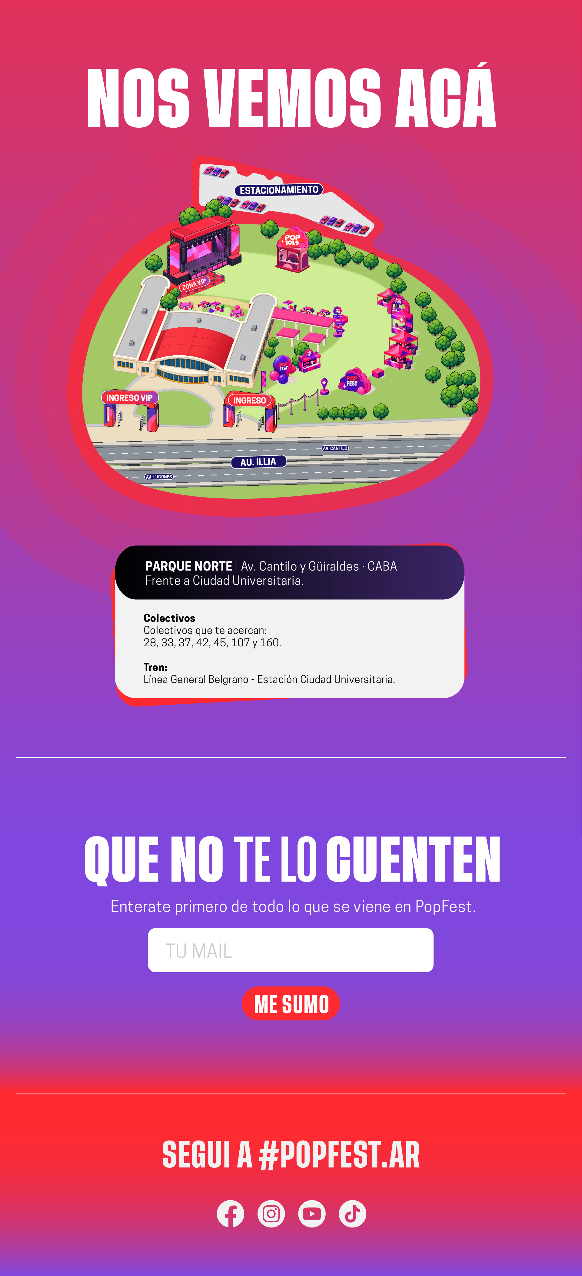 Mapa de POP FEST en Parque Norte: escenario, zona VIP, ingresos, estacionamiento, colectivos 28 33 37 42 45 107 y 160, y tren Belgrano en Ciudad Universitaria.